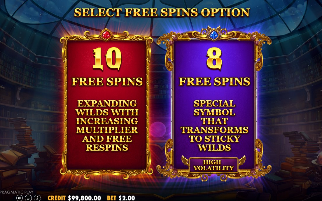 Bonus screen offering the SELECT FREE SPINS OPTION choice