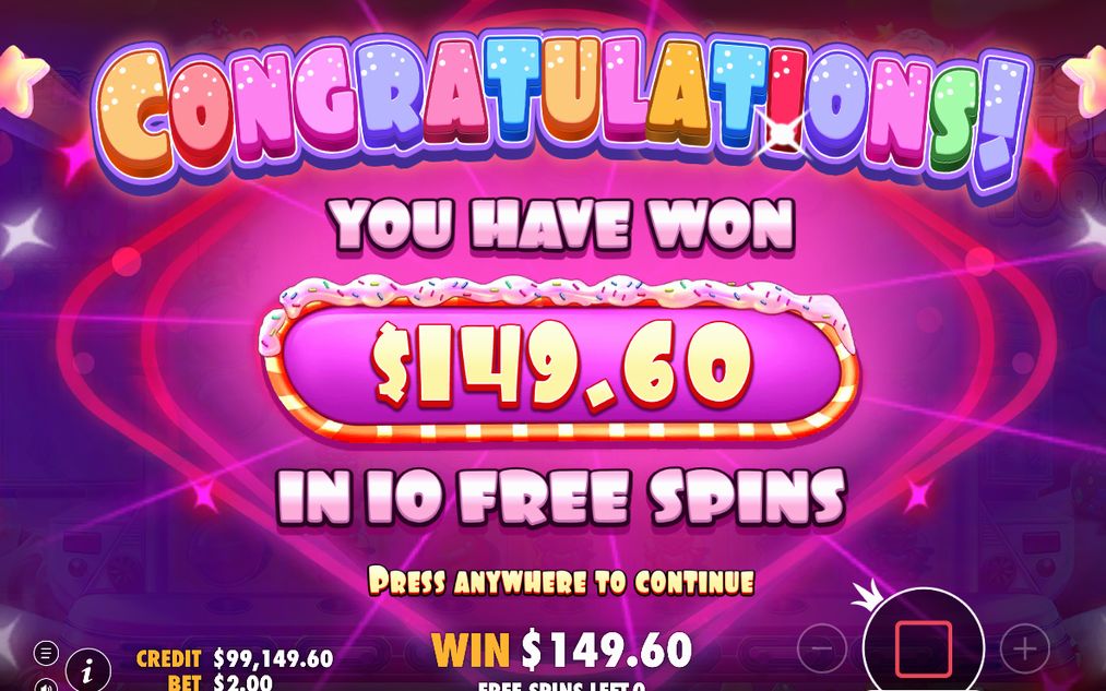 Win screen with the payout for the spin