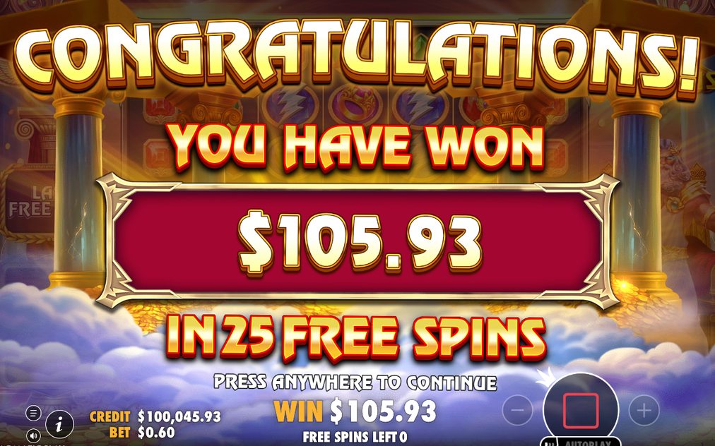 Win screen after a cluster of matching gems